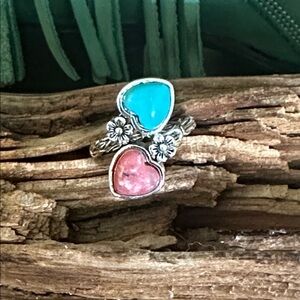 Turquoise Coral Heart Ring Silver Tone Boho Floral Statement Ring NWT